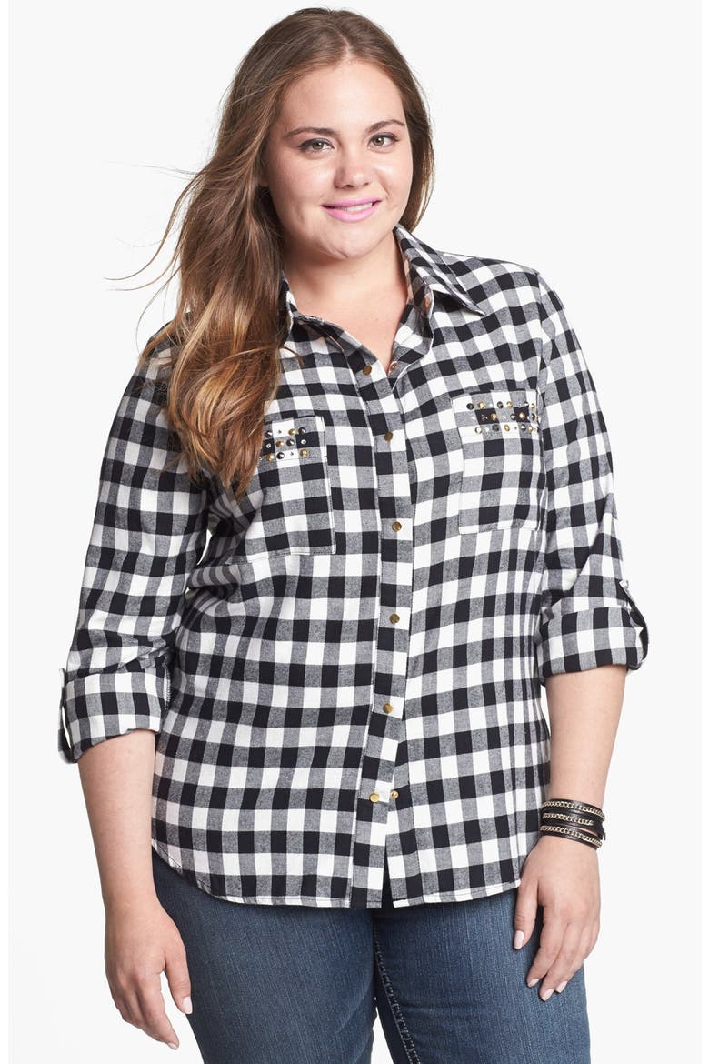 Studded Plaid Shirt, Main, color, BLACK