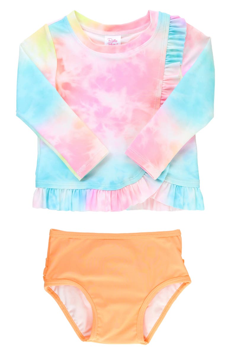 RuffleButts Kids' Rainbow Tie Dye Long Sleeve Two-Piece Rashguard Swimsuit, Main, color, 