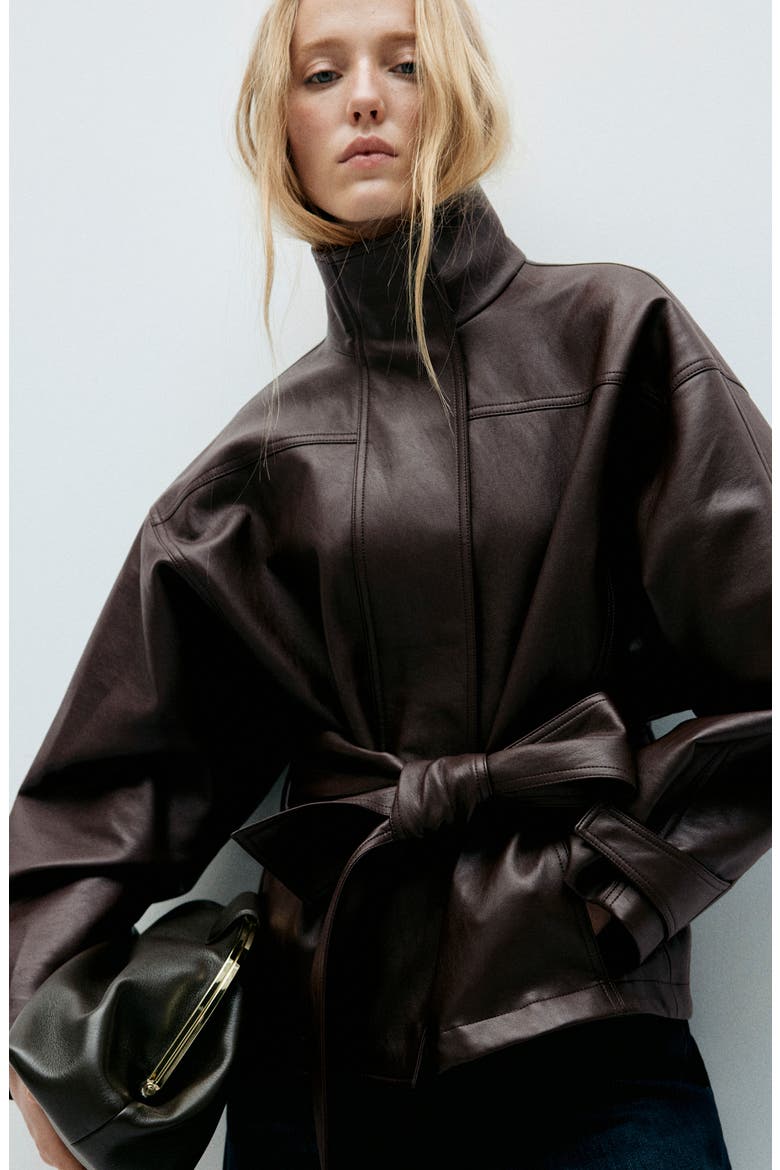 Oversize Belted Faux Leather Jacket, Alternate, color, CHOCOLATE