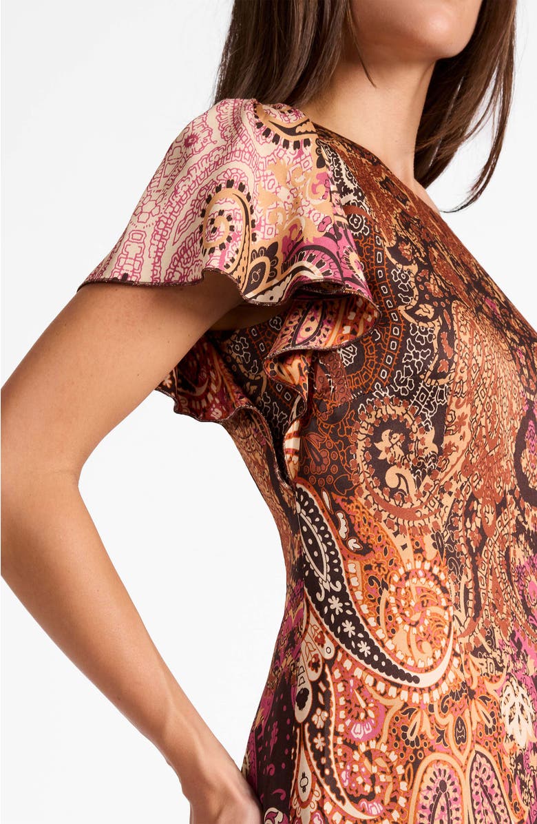 Santorelli Grazia Flutter Sleeve Sheath Dress in Printed Charmeuse, Alternate, color, Chestnut Multi