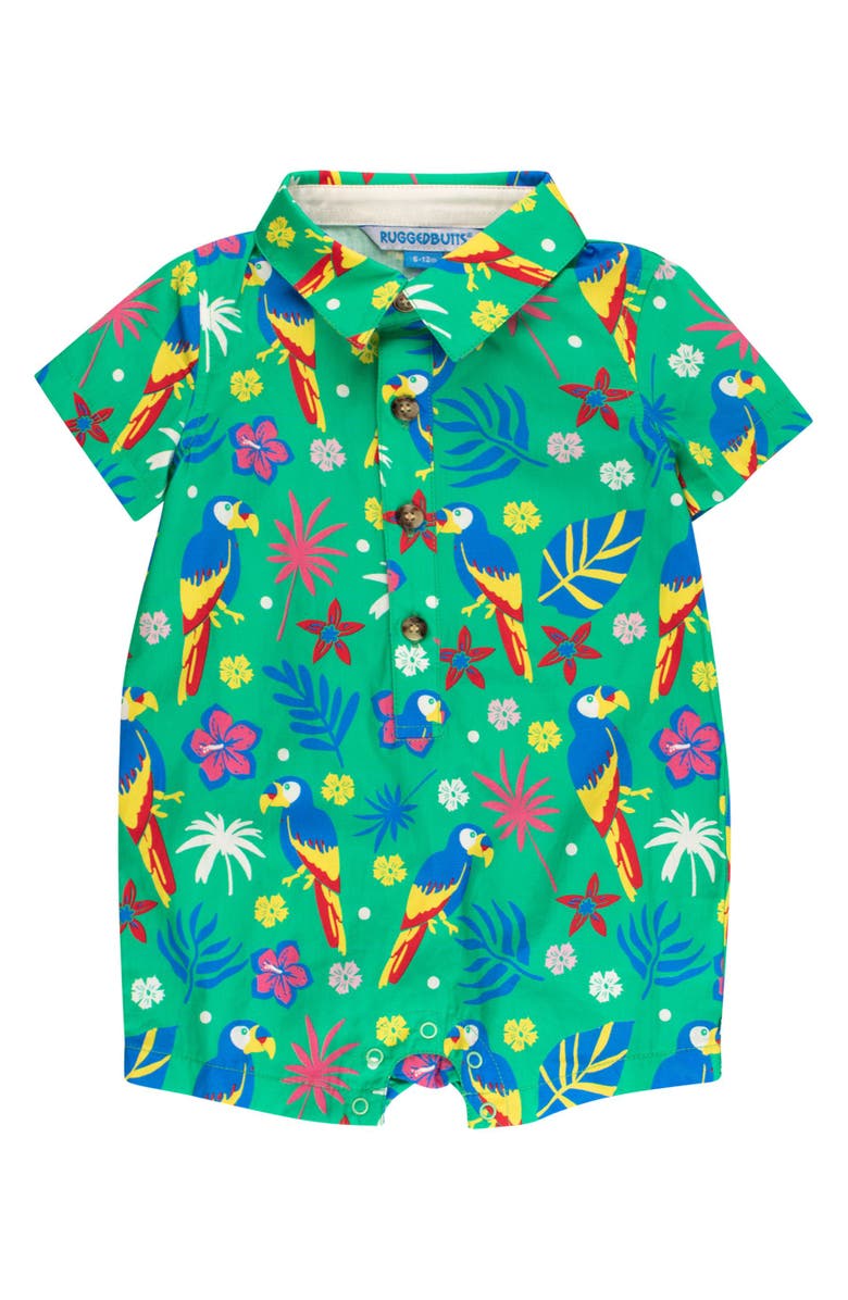 RuggedButts Baby Boys Woven Short Sleeve Button-Up Romper, Main, color, Parrot Palms