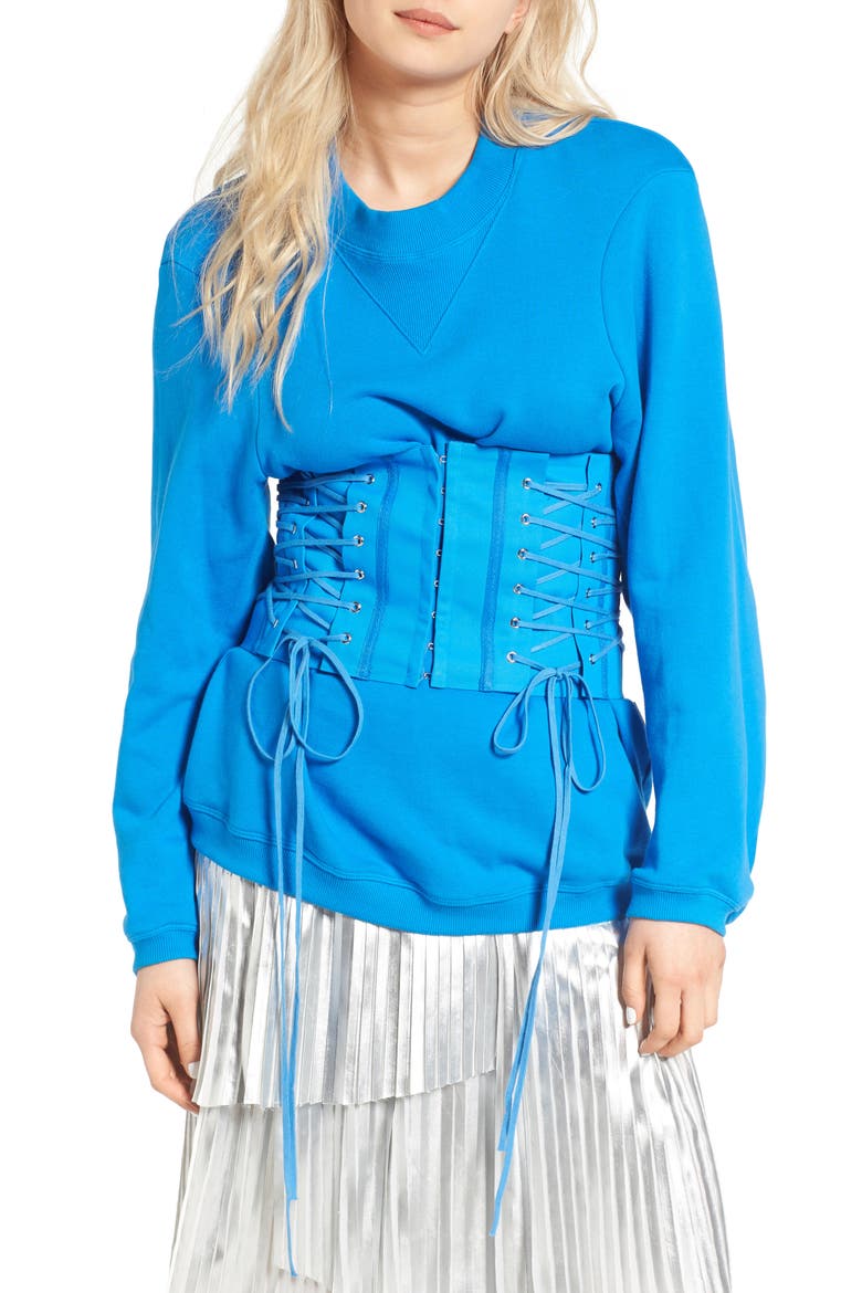 Eyelet Corset Sweatshirt, Main, color, BLUE