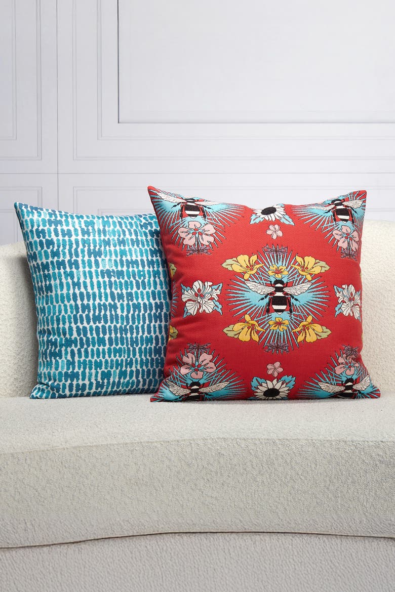 Tropical Bee Jacquard Chenille accented Indoor & Outdoor Woven Accent Pillow, Alternate, color, Red