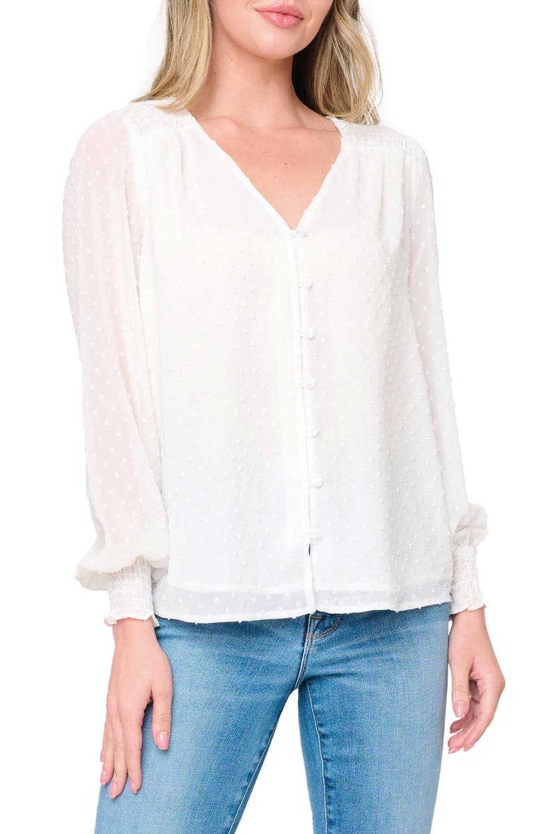 GIBSONLOOK Pin Dot Smocked Detail V-Neck Blouse, Main, color, White