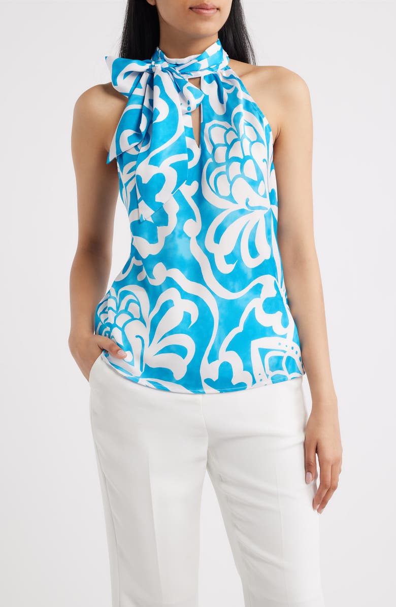 Tahari ASL Pleated Mock Neck Top, Main, color, Blue Jewel