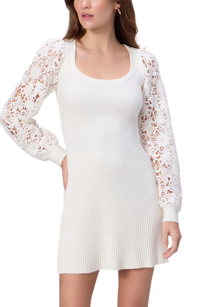 PAIGE Anne Lace Long Sleeve Organic Cotton Blend Rib Minidress, Alternate, color, Ivory