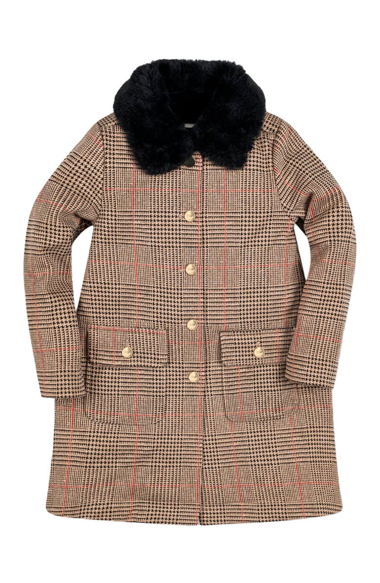 Hope & Henry Girls' Faux Fur Collar Fleece Coat, Kids, Main, color, Camel Glen Plaid