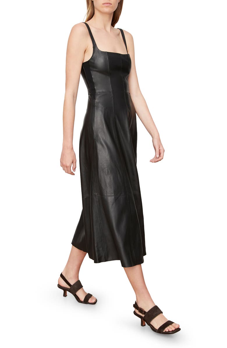 Vince Square Neck Leather A-Line Dress, Alternate, color, 