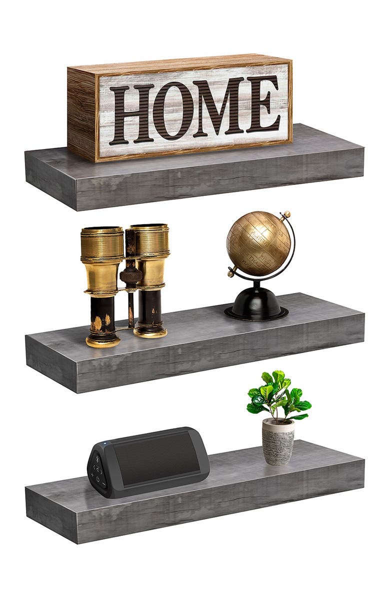 SORBUS Grey/Wood 3-Tier Wall Mount Floating Shelf, Main, color,