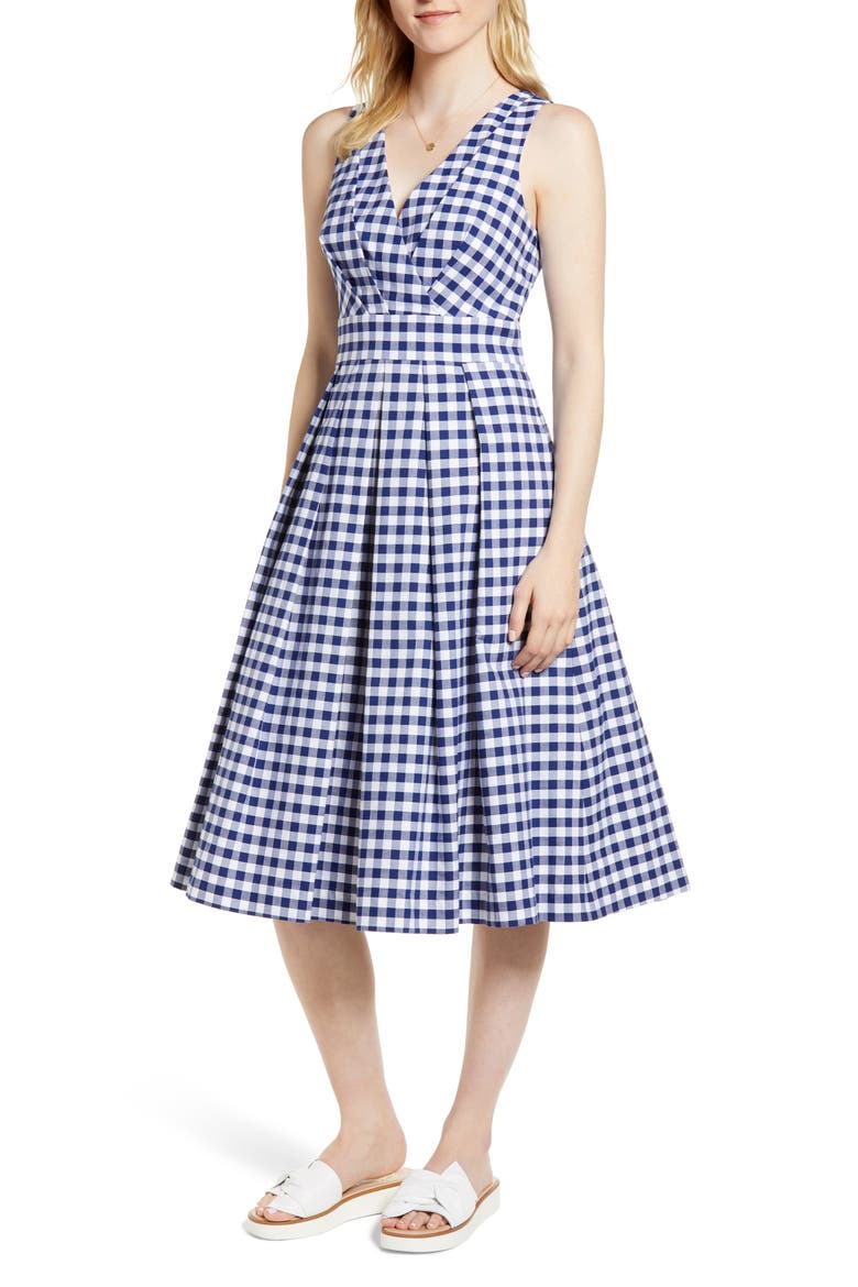 Gingham Fit & Flare Midi Dress, Main, color, NAVY GINGHAM