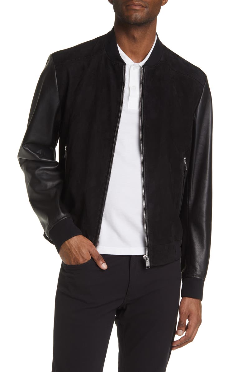 BOSS Malbano Mixed Media Leather & Suede Jacket, Main, color, 