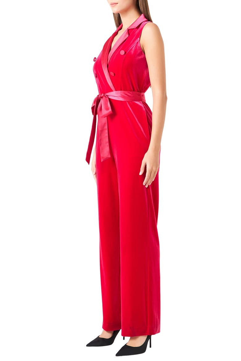 Satin Trim Velvet Jumpsuit, Alternate, color, FUCHSIA