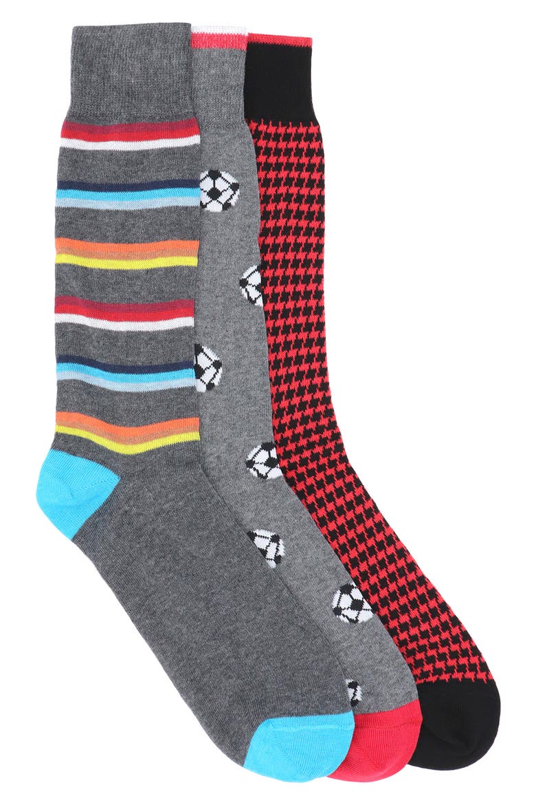 Soccer Mixed Pattern Cotton Crew Socks - Pack of 3, Main, color, MEDIUM GREY