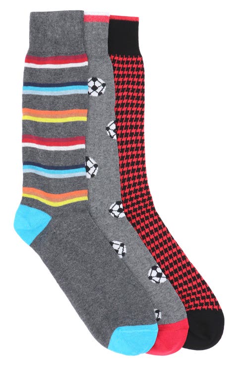 Soccer Mixed Pattern Cotton Crew Socks - Pack of 3