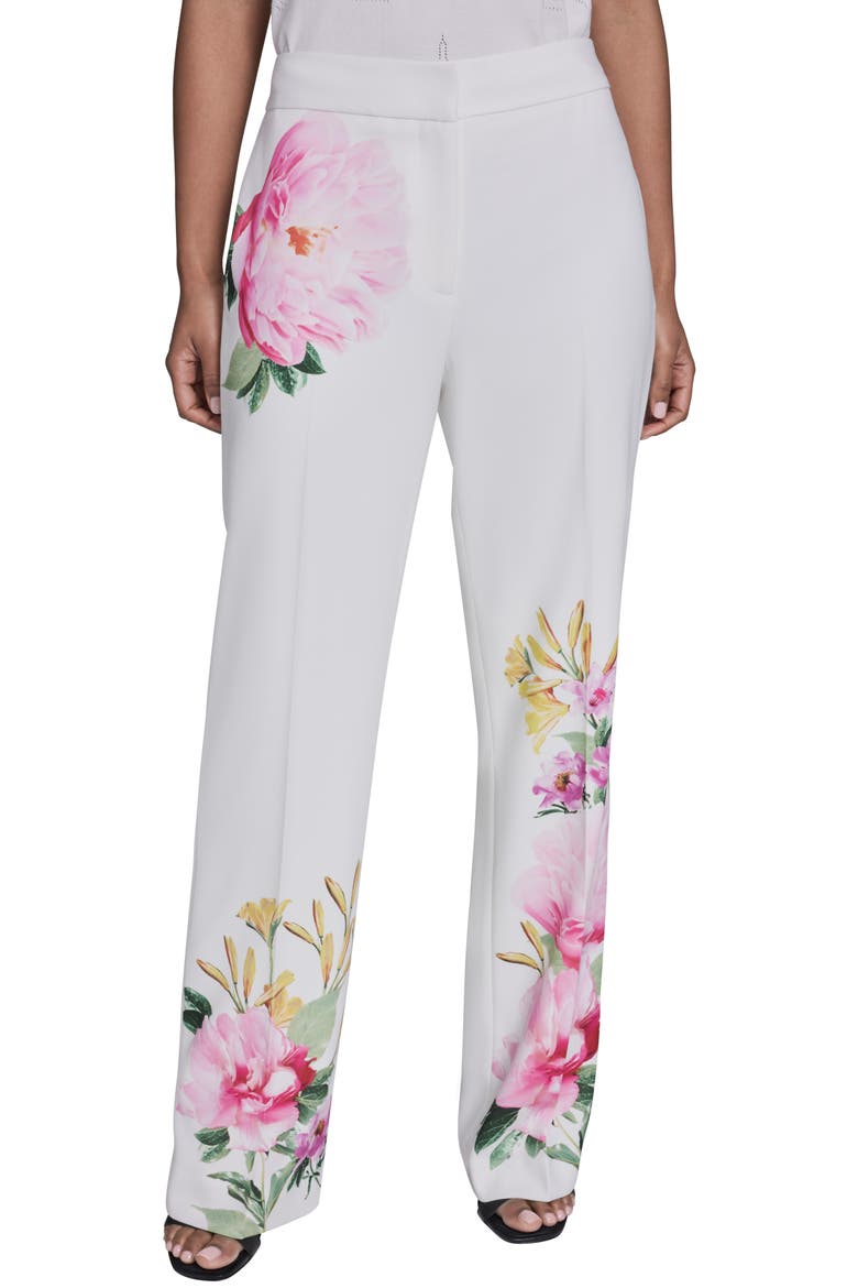 Placed Floral Straight Leg Pants, Main, color, SOFT WHITE