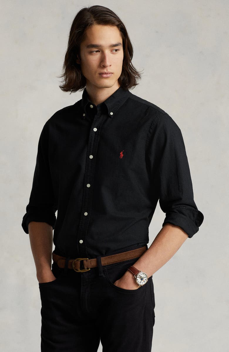 Polo Ralph Lauren Classic Fit Garment-Dyed Long Sleeve Oxford Shirt, Alternate, color, Polo Black