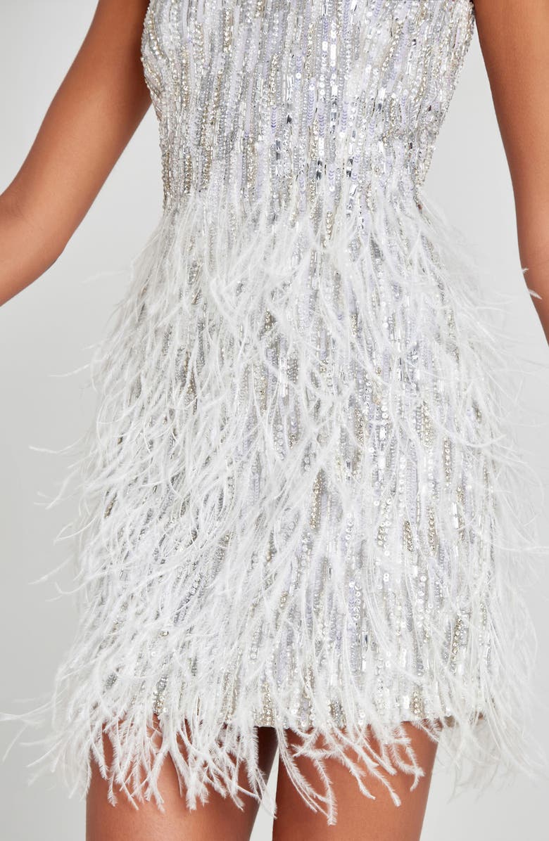 NADINE MERABI Christy Sequin & Feather Cocktail Minidress, Alternate, color, Silver