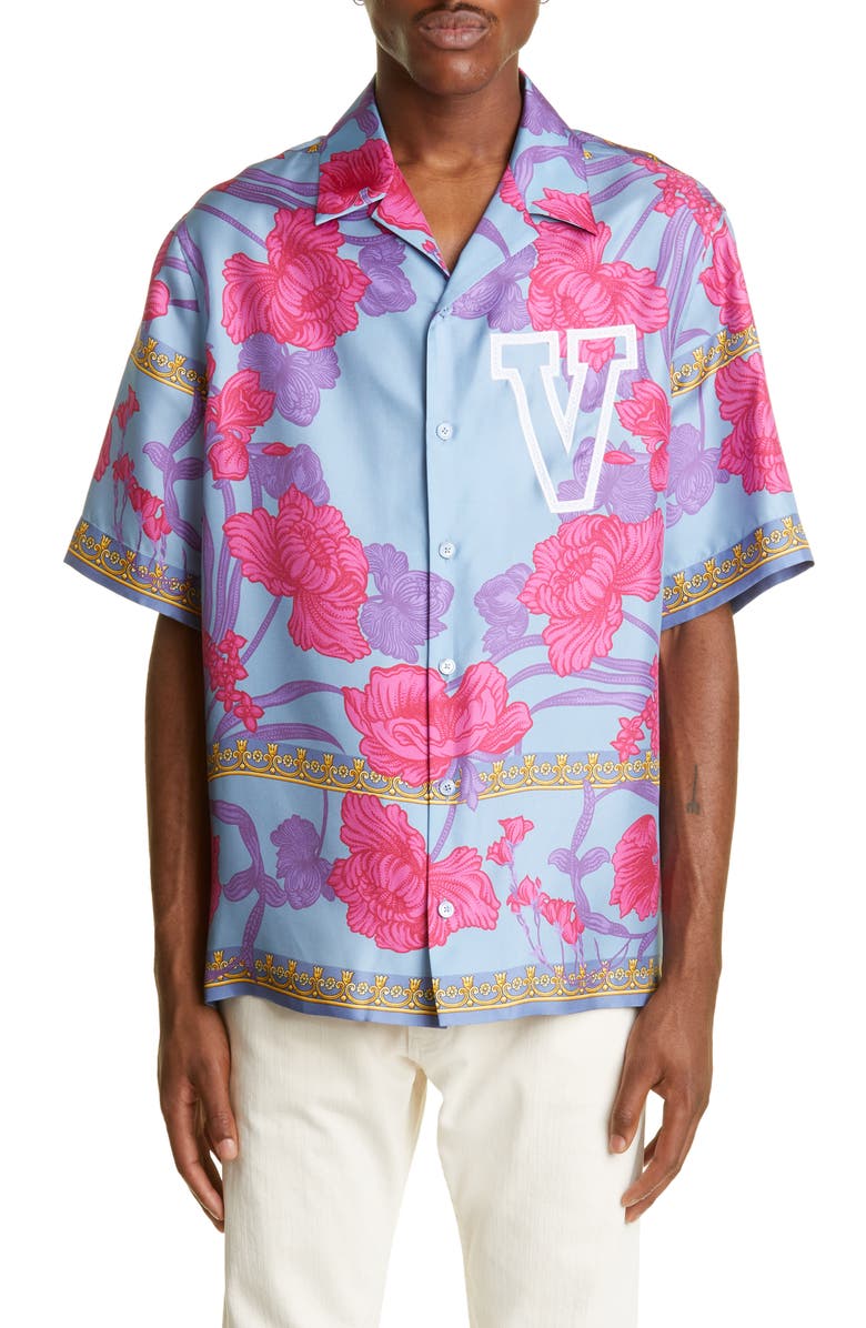 Versace Logo Floral Print Silk Button-Up Shirt, Main, color,