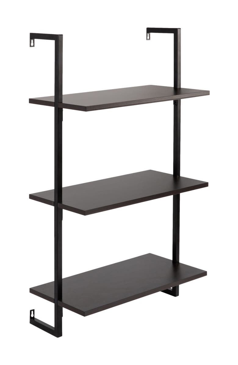 HAPPIMESS Madera Classic Industrial Shelf Wood Wall-Mounted Open Ladder Bookcase with Metal Frame, Main, color, Black