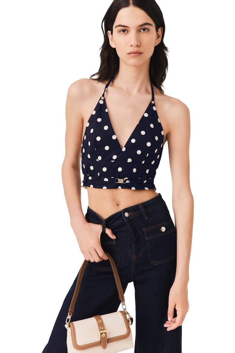 Backless linen blend top, Alternate, color, Navy dots print