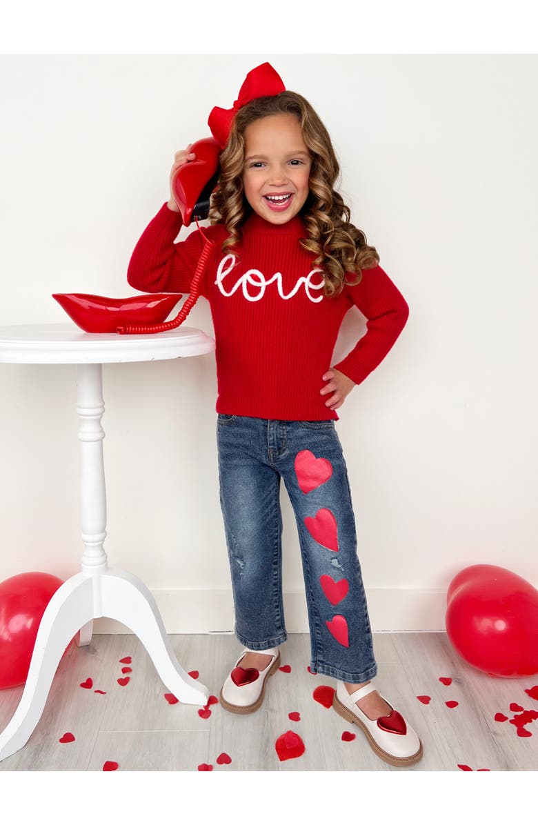 Mia Belle Girls Red Love Sweater and Heart Denim Pant Set, Alternate, color, Red