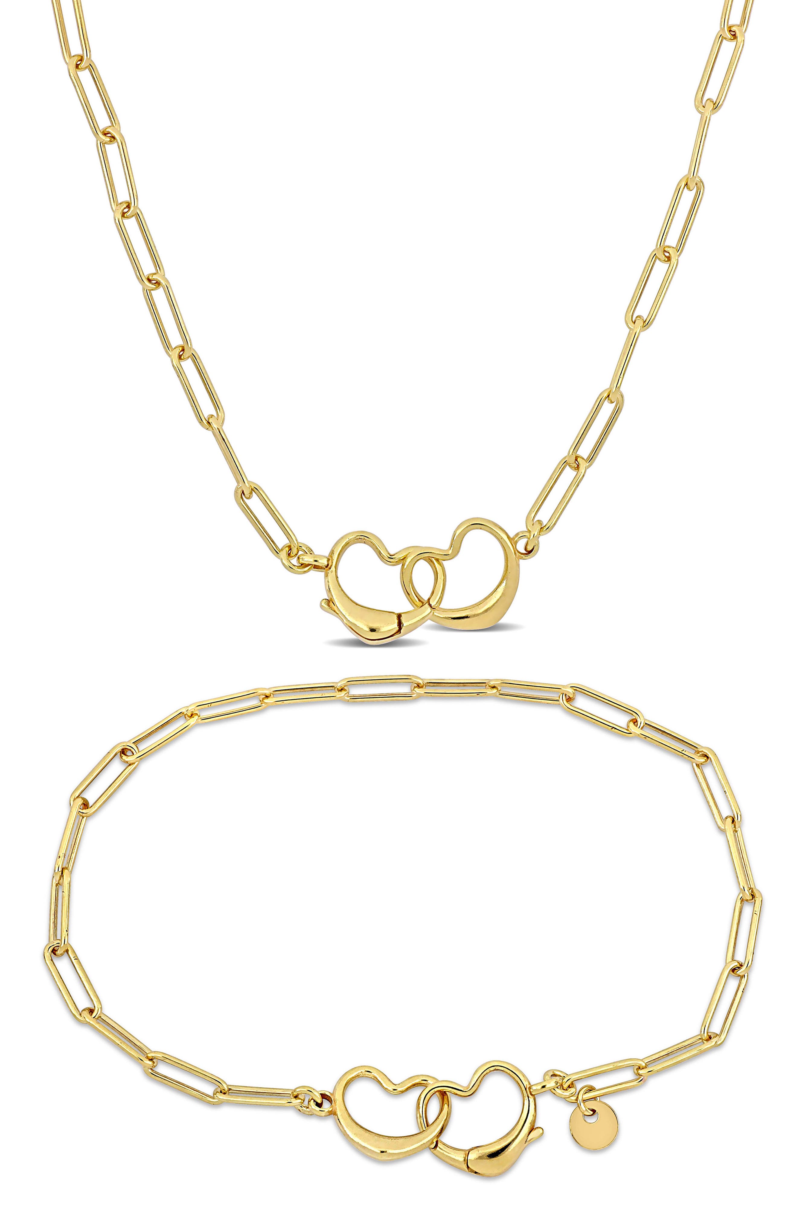 Double Heart Paper Clip Link Chain Necklace & Anklet Set