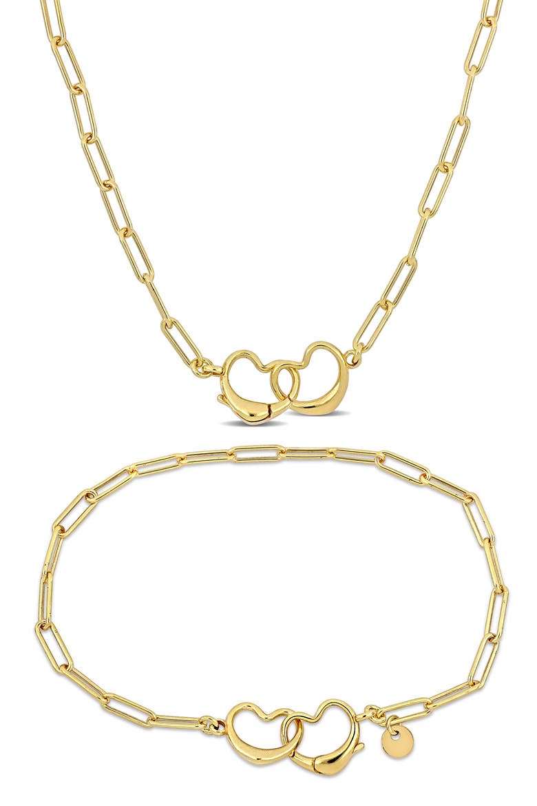 Double Heart Paper Clip Link Chain Necklace & Anklet Set, Main, color, YELLOW