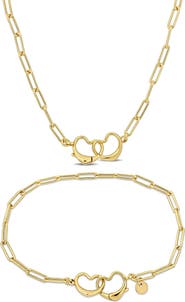DELMAR Double Heart Paper Clip Link Chain Necklace & Anklet Set
