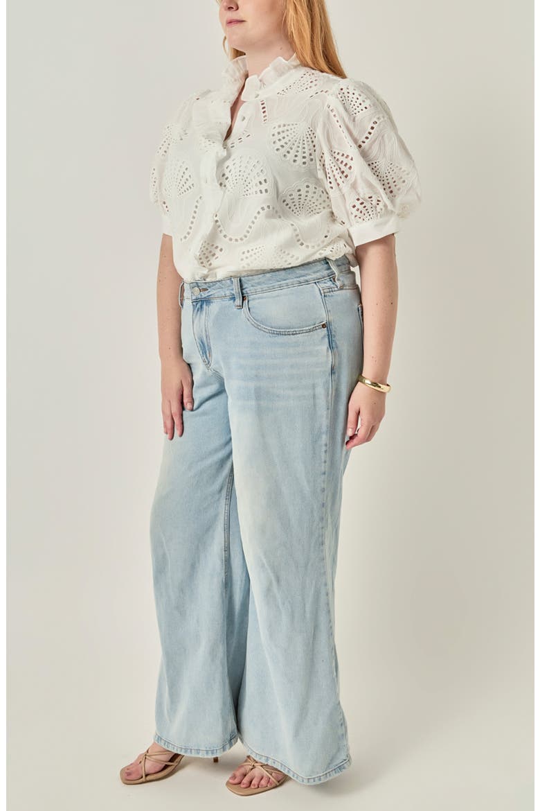 Embroidered Ruffle Short Sleeve Eyelet Shirt, Alternate, color, WHITE