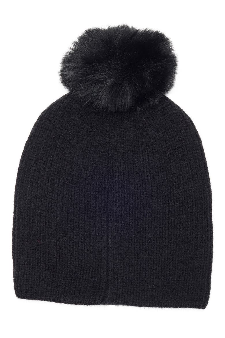 Fair Isle Stud Beanie with Faux Fur Pom, Main, color, BLACK