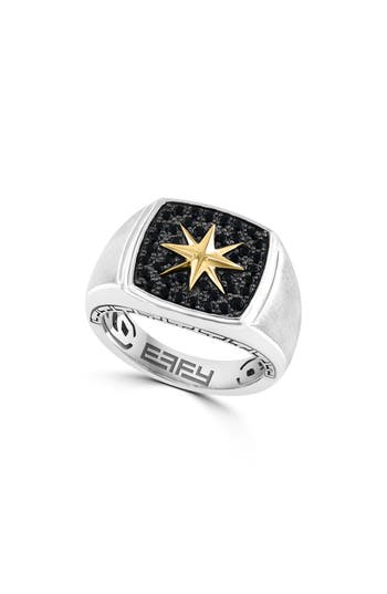Effy Sterling Silver & 14k Gold Black Sapphire Star Signet Ring In White