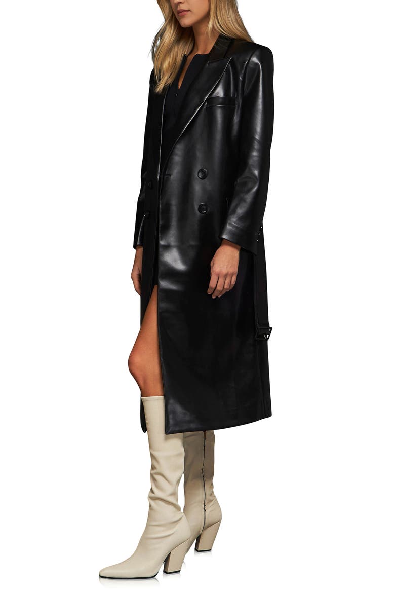 Long Faux Leather Trench Coat, Alternate, color, BLACK
