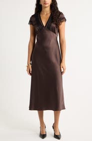 Open Edit Lace Trim Satin Dress
