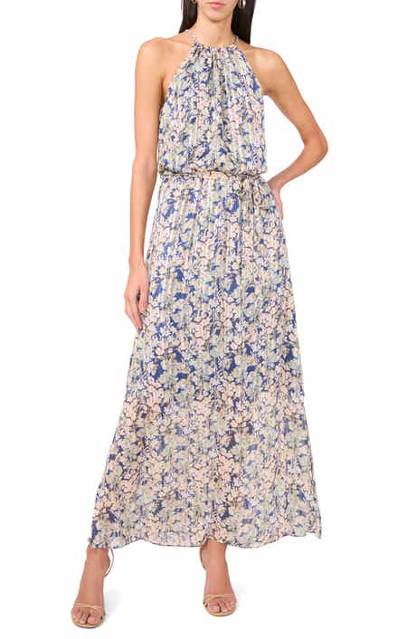Halogen® Curb Chain Detail Metallic Floral Maxi Dress