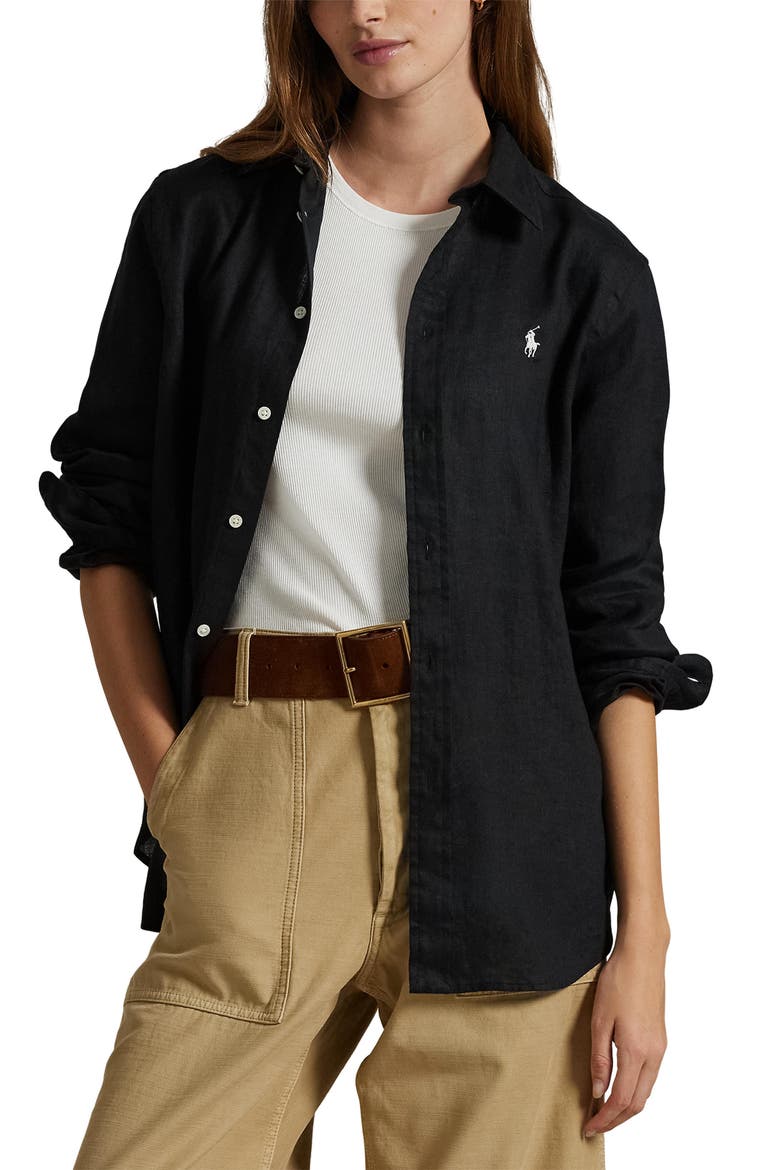 Classic Fit Linen Button-Up Shirt, Main, color, POLO BLACK