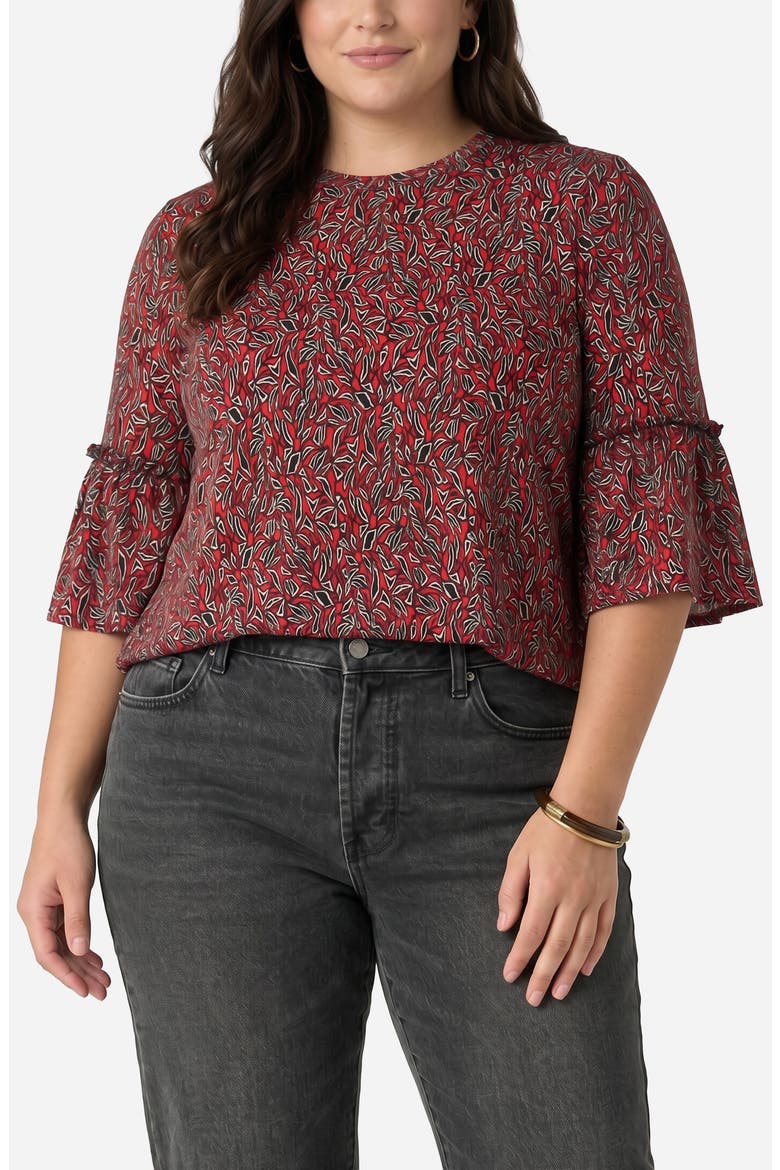 Jewel Neck Flared Sleeve Top, Main, color, RED/ BLACK MULTI