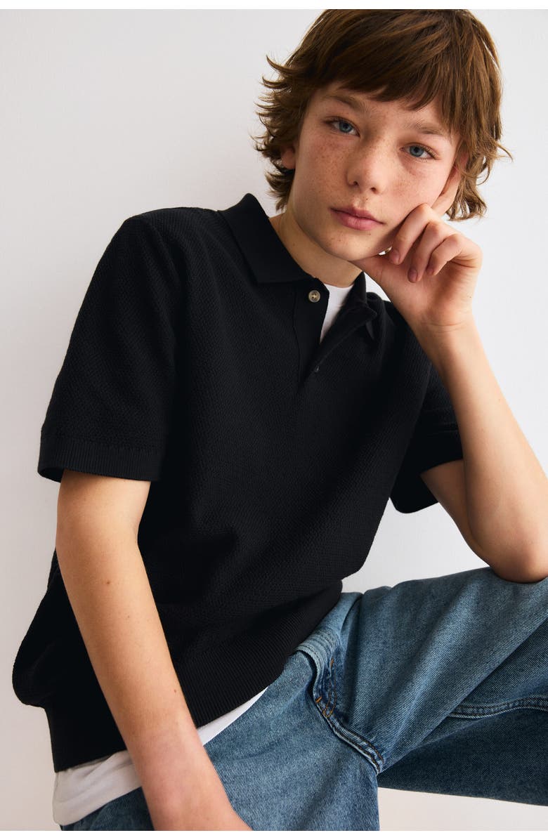 H&M Waffle-knit Polo Shirt, Alternate, color, Black