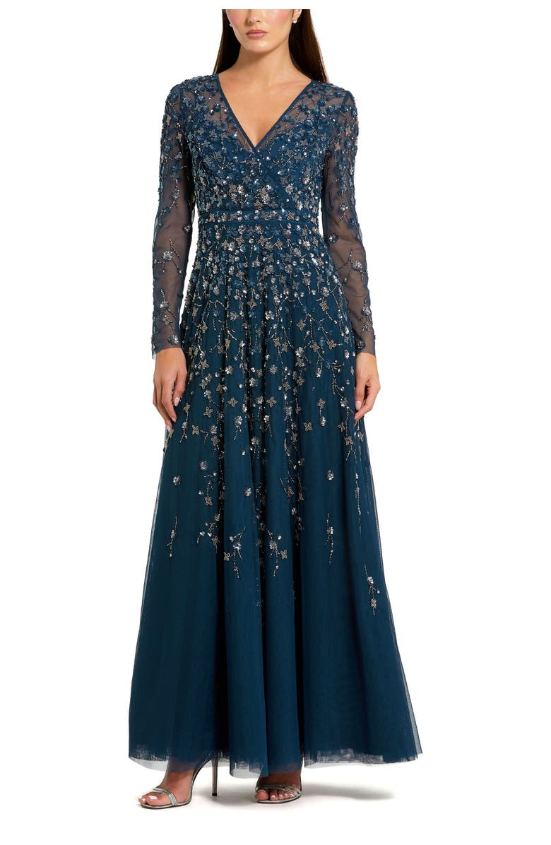 Mac Duggal Embellished Wrap Over Illusion Long Sleeve A Line Gown, Main, color, Twilight