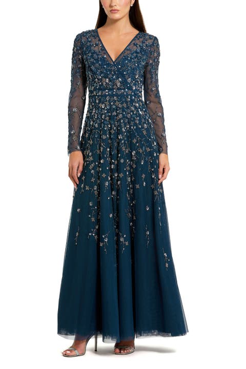 Embellished Wrap Over Illusion Long Sleeve A Line Gown
