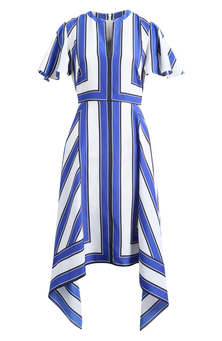 Eliza J Geometric Stripe High Low Handkerchief Dress, Main, color, Ivory Blue