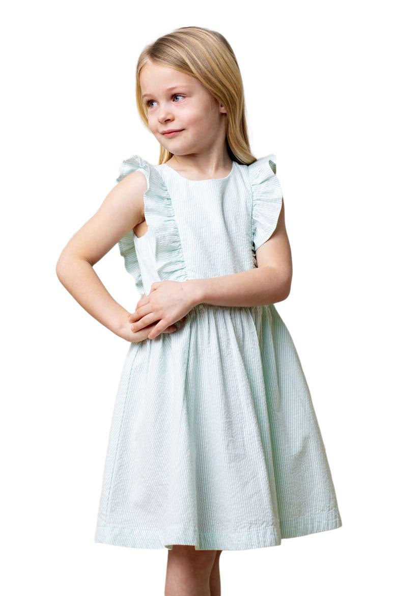 Girls' Organic Flutter Sleeve Open Back Dress, Toddler, Alternate, color, Mint Seersucker