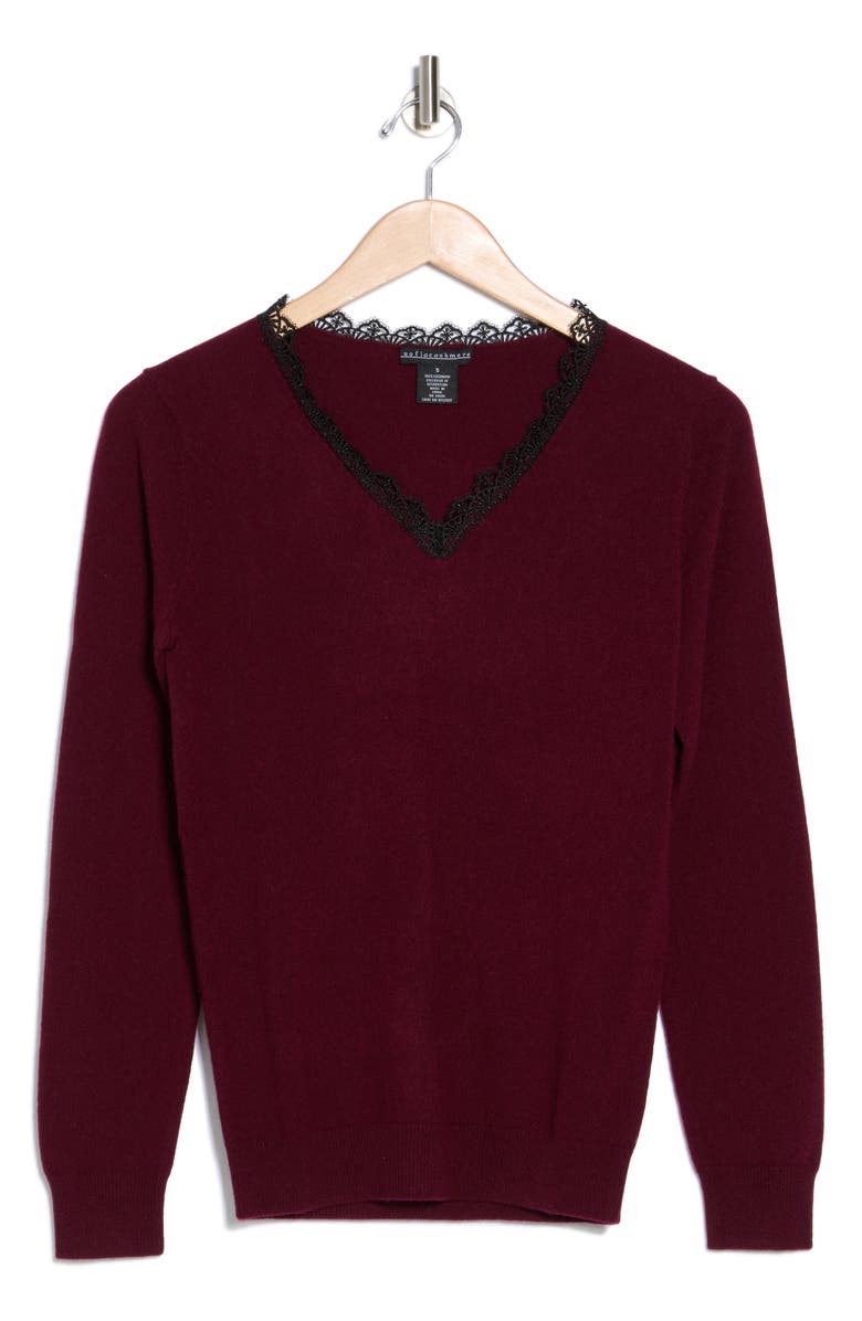 Sofia Cashmere Lace Trim V-Neck Cashmere Sweater, Alternate, color, Bordeaux