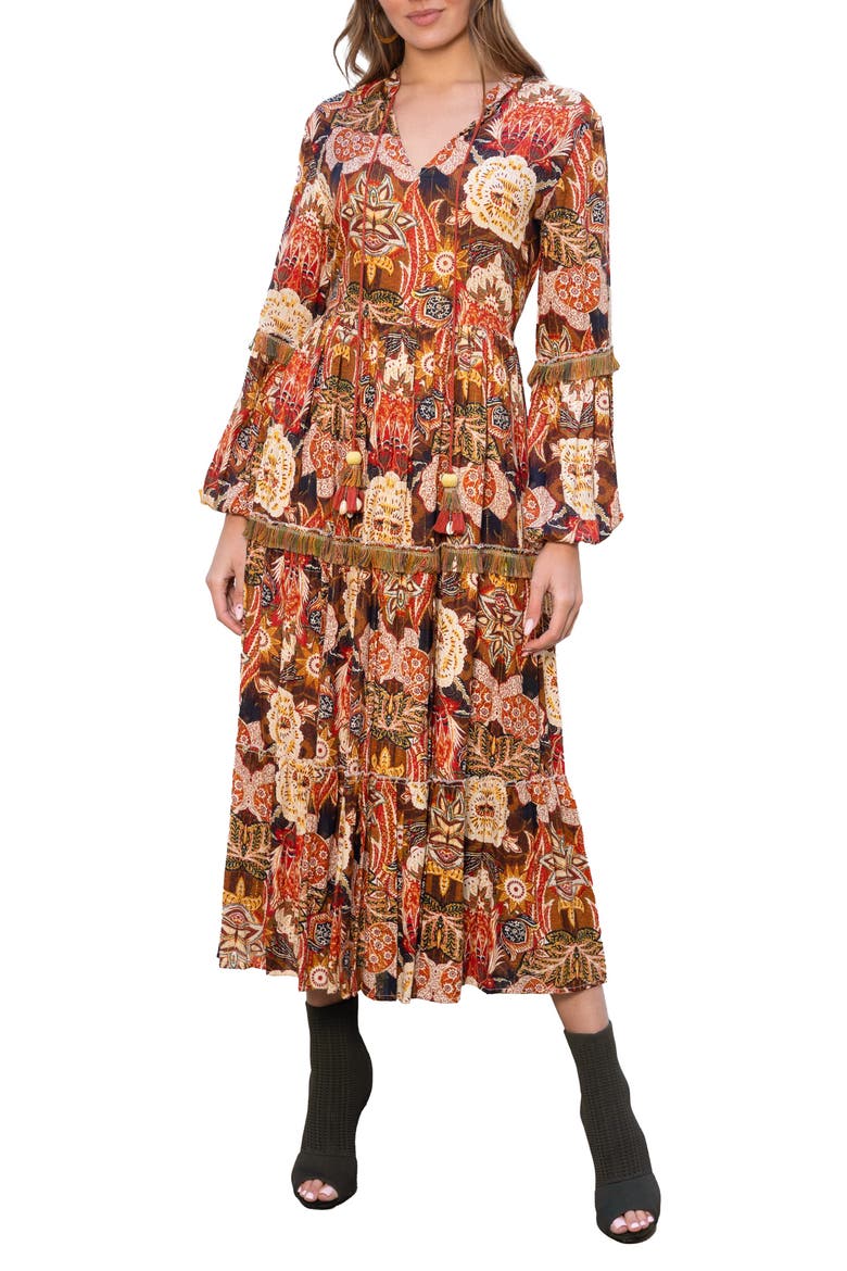 Floral Print Fringe Trim Long Sleeve Maxi Dress, Main, color, PUMPKIN