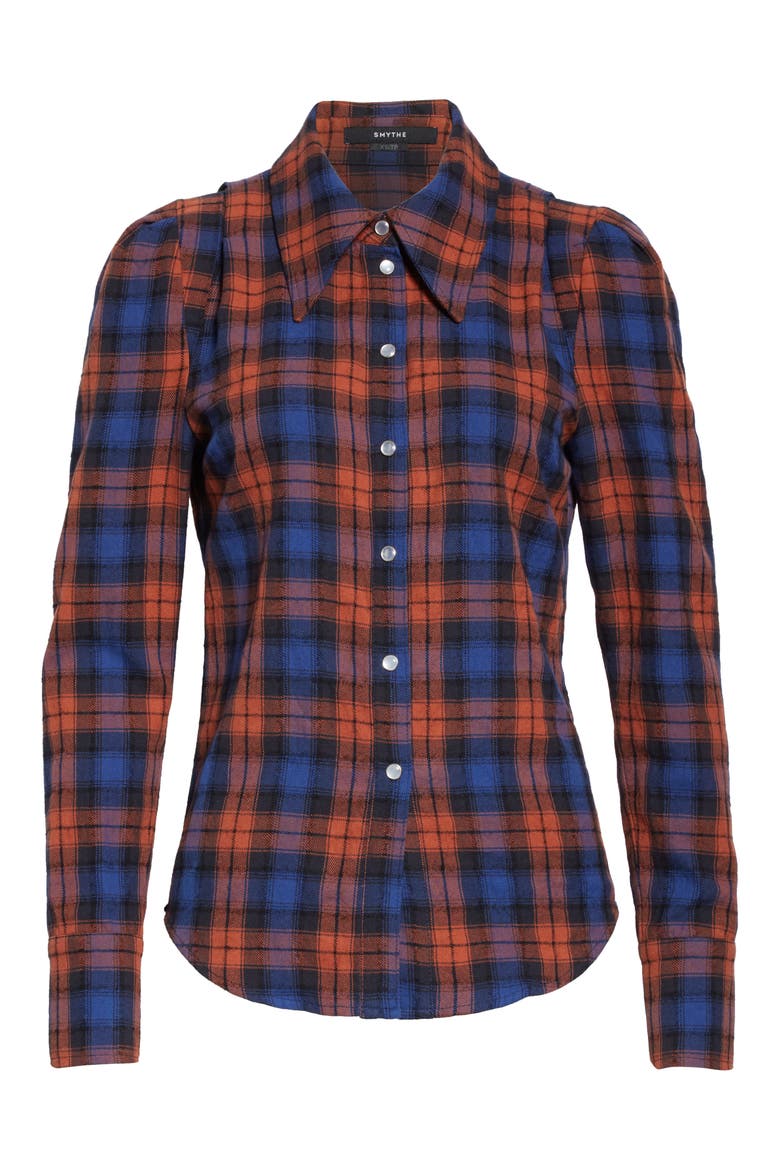 Puff Sleeve Plaid Flannel Shirt, Alternate, color, NAVY/ RUST PLAID