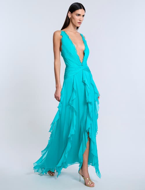 Bcbg Ruffle Halter Chiffon Gown In Blue