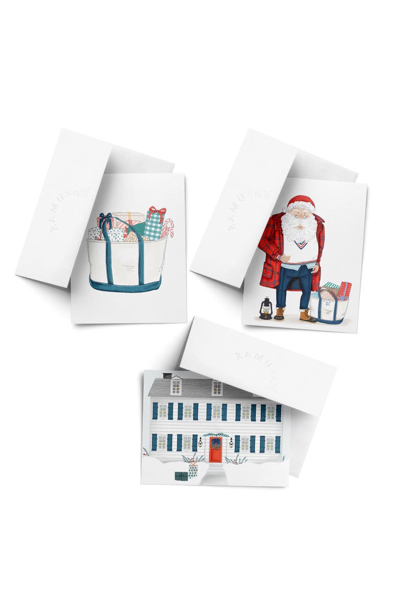 Ramus & Co Holiday Winter Card Pack (3ct, Assorted) Preppy Santa, Winter Home, Tote Bag With Presents, Main, color, Multi-Pack
