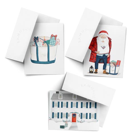 Holiday Winter Card Pack (3ct, Assorted) Preppy Santa, Winter Home, Tote Bag With Presents