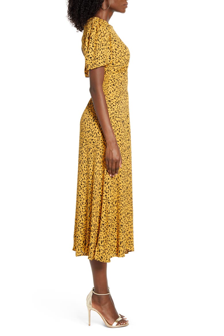 AFRM Jamie Print Open Back Short Sleeve Dress, Alternate, color, GOLD LEOPARD