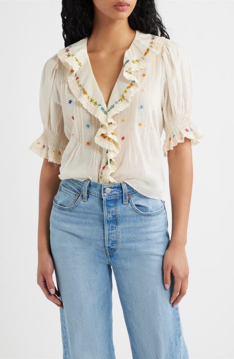 Hettie Embroidered Ruffle Organic Cotton Top