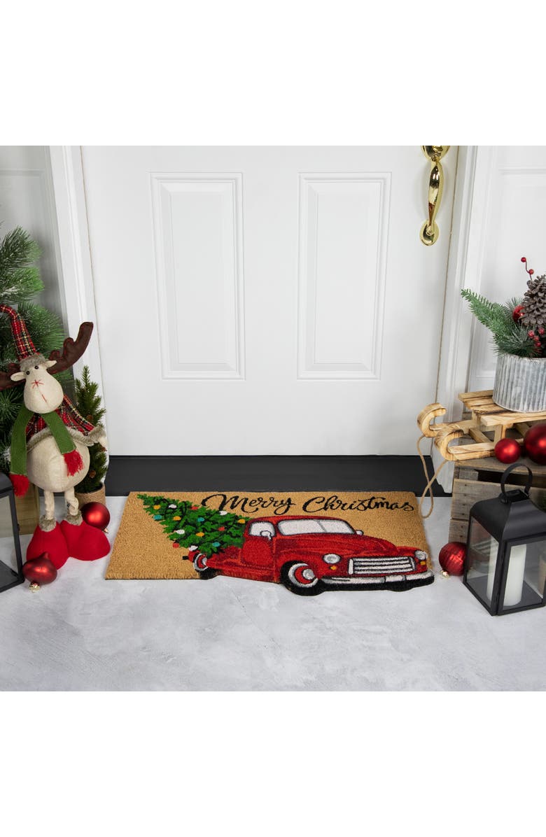 Northlight Red and Green Vintage Truck "Merry Christmas" Outdoor Natural Coir Doormat 18" x 30", Alternate, color, Red
